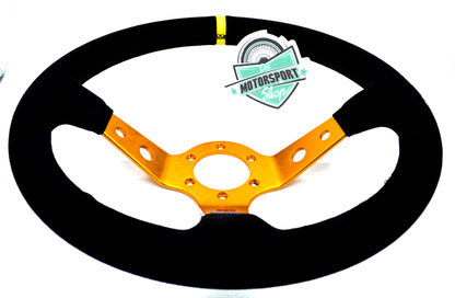 Schwarzes Wildleder Sportlenkrad – 350mm | Goldener Lenkradtopf & gelbe Markierung